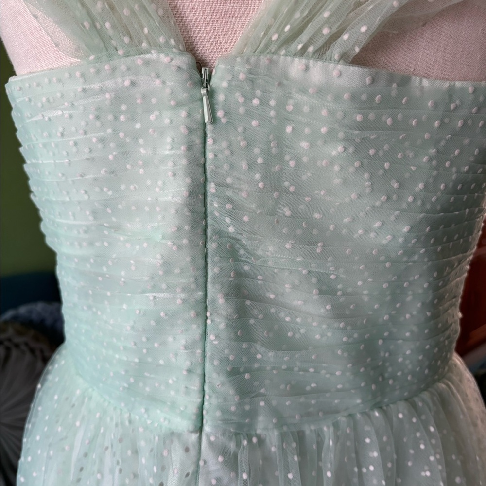 Vintage-Style Mint Green Midi Dress with Sheer Polka Dot Overlay - Picture 8 of 13